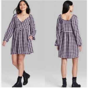 🎁Wild Fable Gingham Check Dress Purple Black Puff Sleeve High Waist Size L